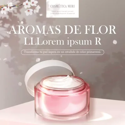 Promoción publicitaria de cosméticos en rosa y blanco con un tema primaveral