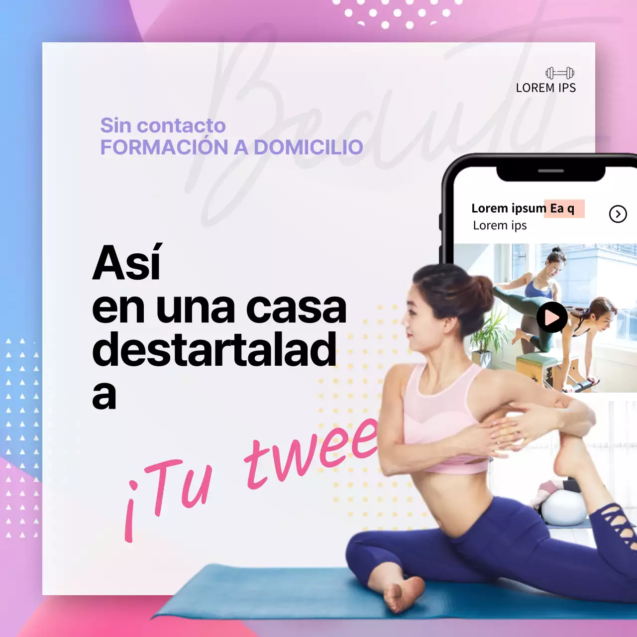 Diseño en azul y rosa para promocionar una plataforma doméstica sin contacto (plazas en redes sociales)