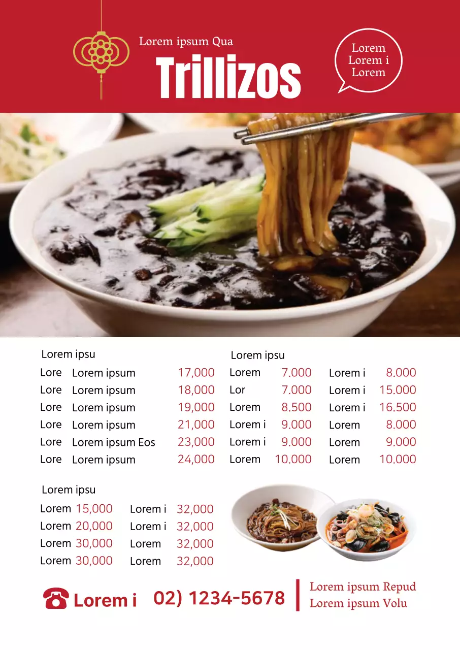 La foto roja destaca el menú chino de un restaurante limpio