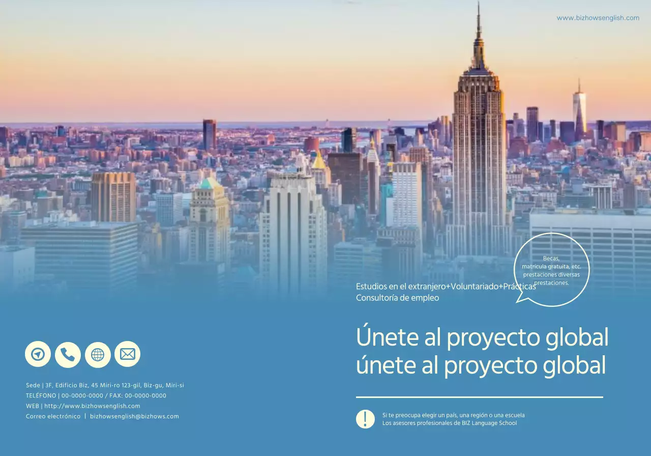 Para promocionar una escuela de idiomas con fotos azules y amarillas de paisajes extranjeros