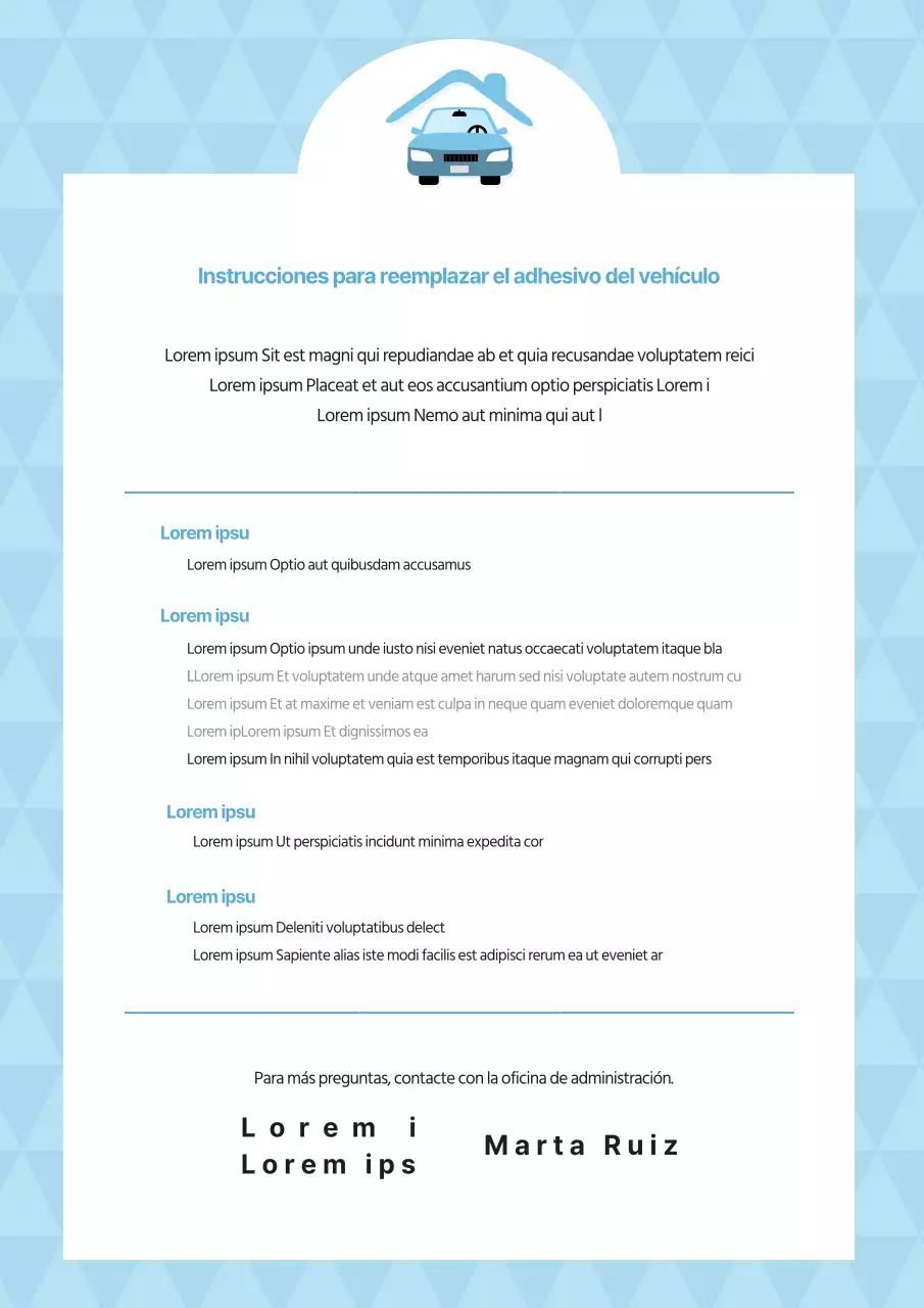 Documentación de instrucciones de sustitución de adhesivos simples azul claro para coches