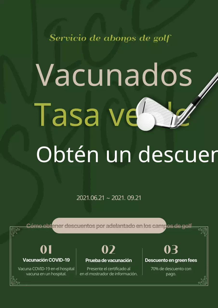 Folleto verde y elegante para eventos de socios en campos de golf