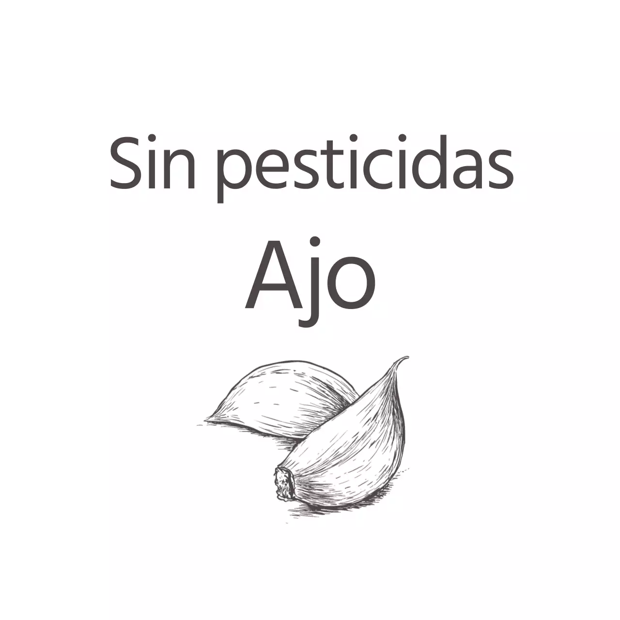 Promover la certificación libre de plaguicidas con texto en gris oscuro y una ilustración de ajos.