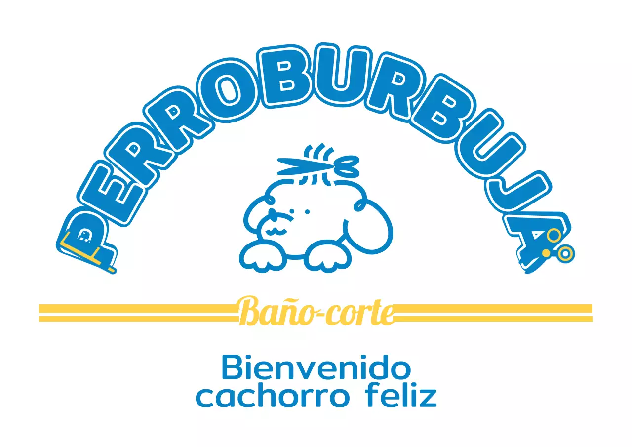 Peluquería canina con simpáticos personajes cachorros azules y amarillos