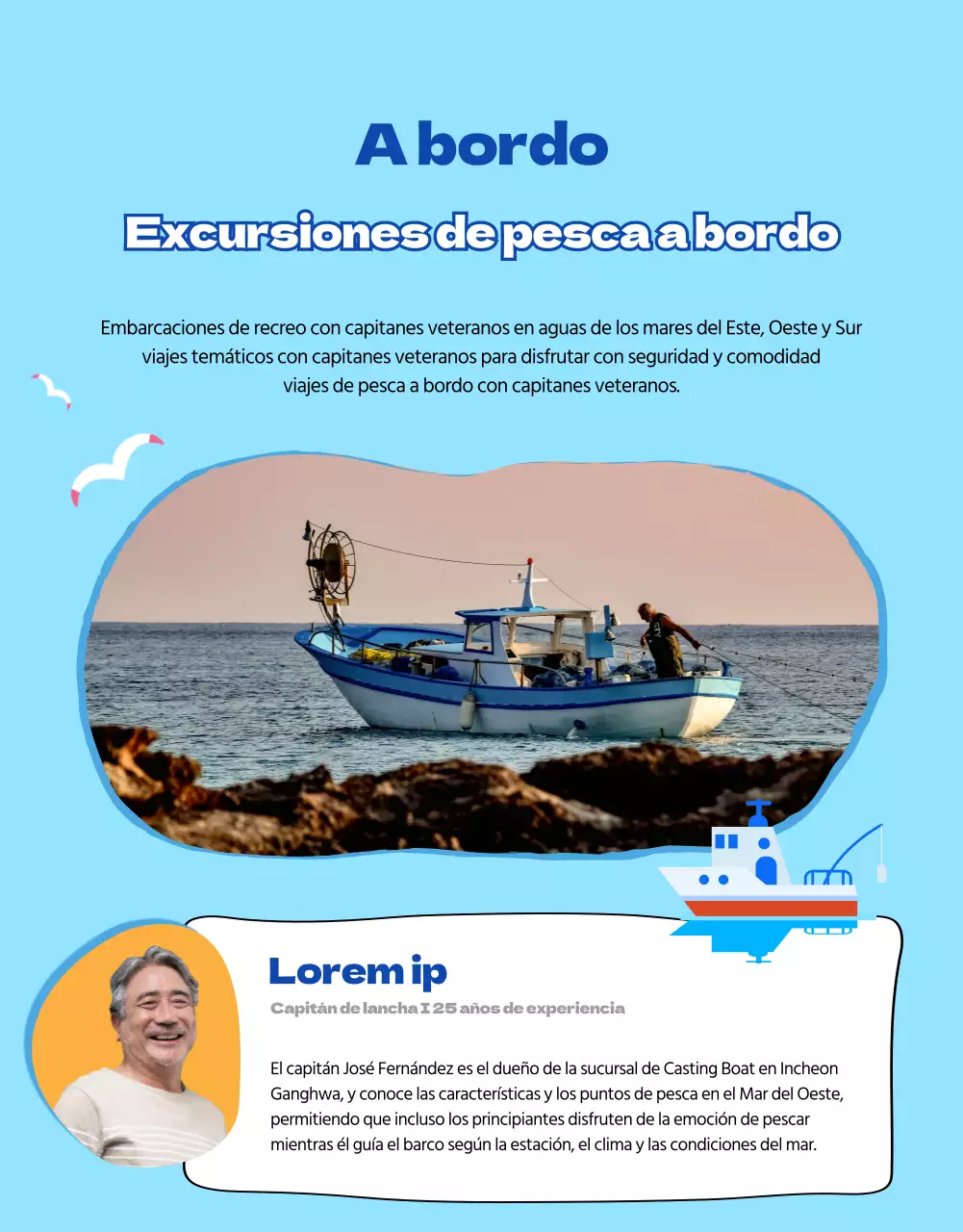 Anuncio para un viaje de pesca a las aguas azules del mundo