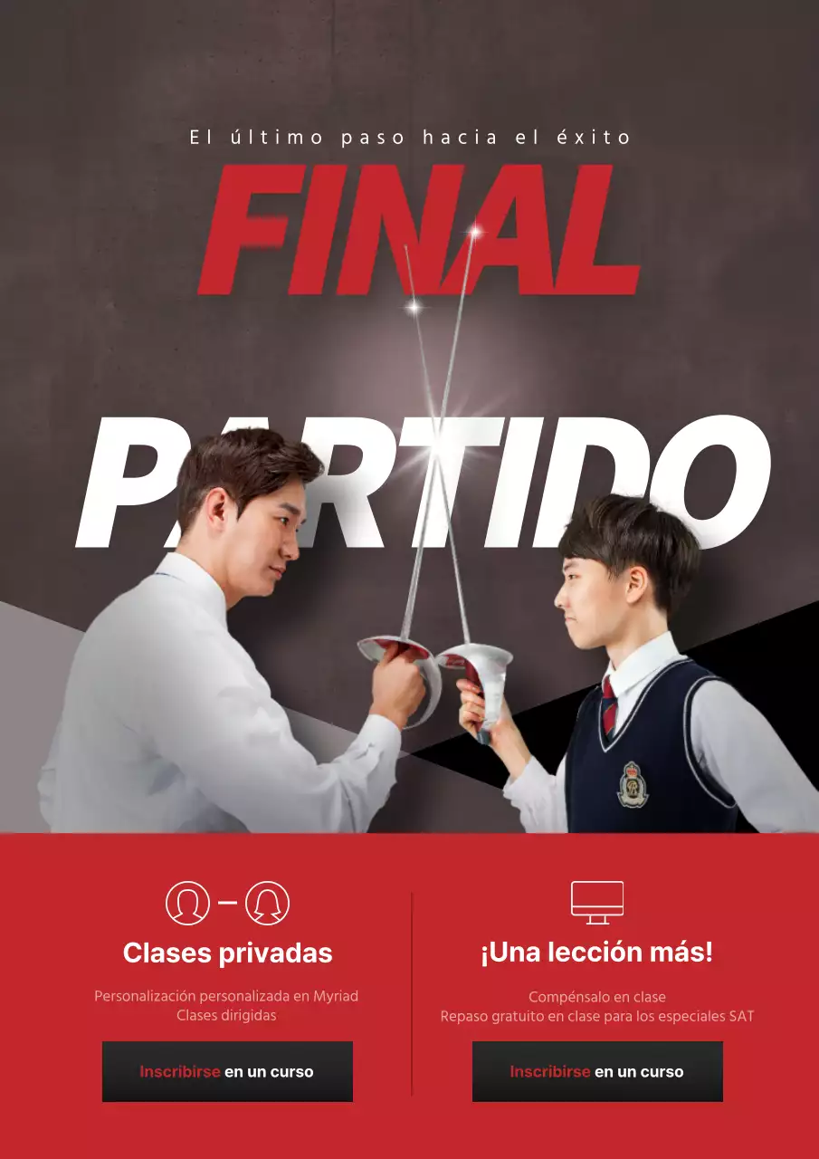 Promoción de una escuela con la foto de un niño vestido de rojo y gris