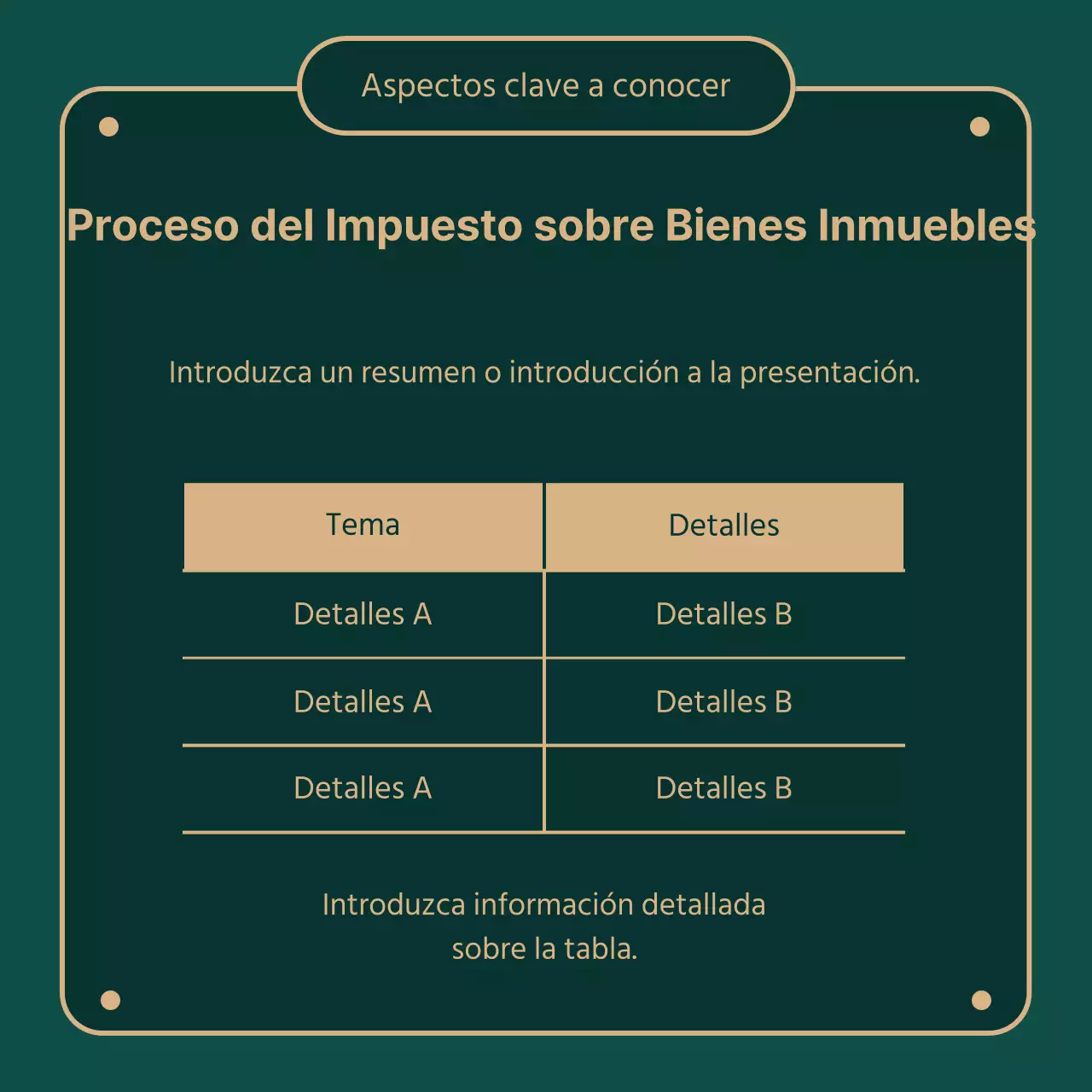 Proporciona información sobre los impuestos inmobiliarios resaltados en verde (oscuro) e ilustraciones doradas