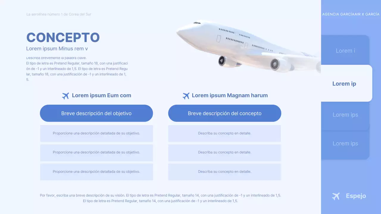 Concepto de avión tridimensional azul claro brief publicitario de aerolínea