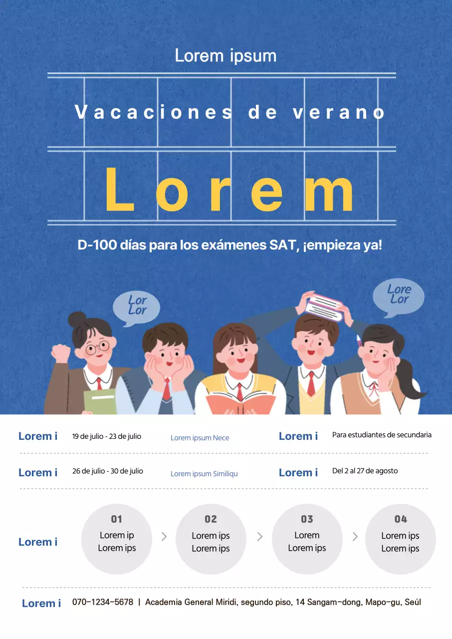 Cartel vertical con ilustraciones en tonos azules para promocionar la escuela de verano de preparación para el SAT