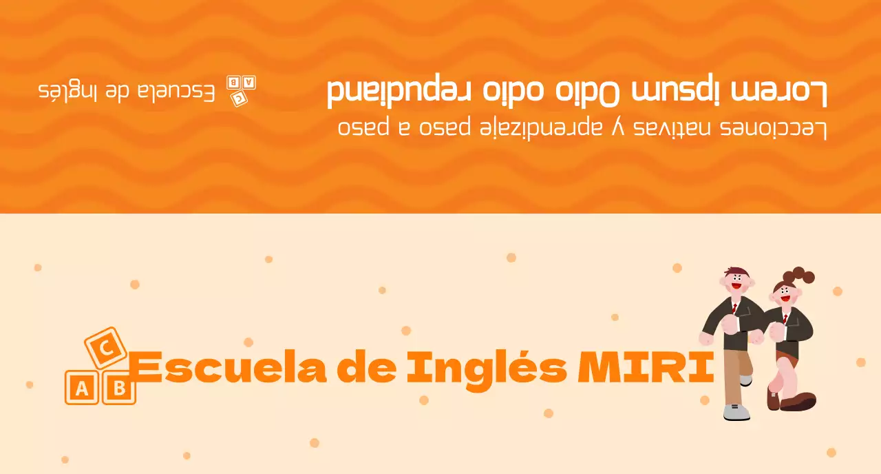 Promociona una academia de inglés con una ilustración de alumnos con uniforme naranja.