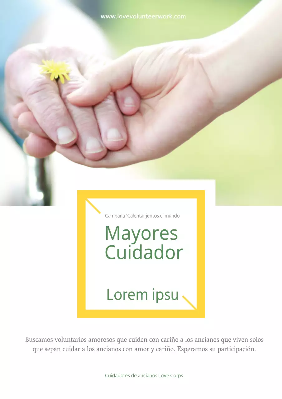Folleto amarillo y blanco para la captación de voluntarios en el sector de la atención a la tercera edad