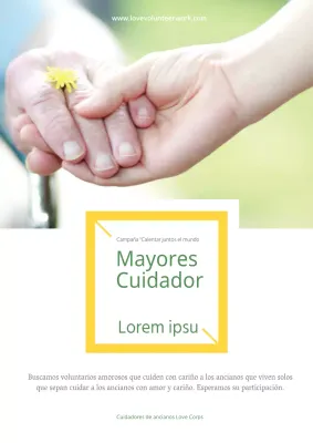 Folleto amarillo y blanco para la captación de voluntarios en el sector de la atención a la tercera edad