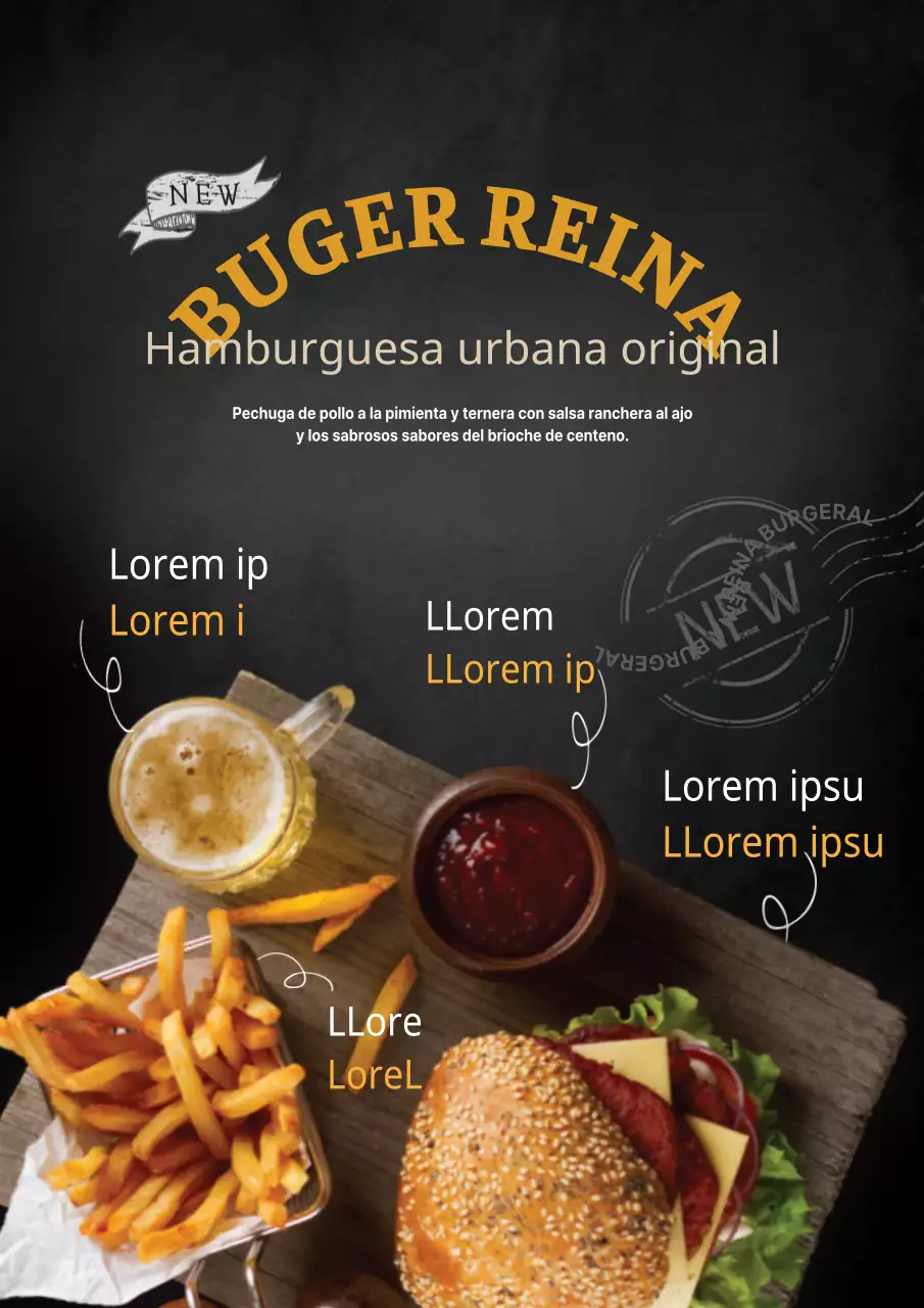 Promocione nuevos menús con un toque manuscrito y fotos de alimentos en negro y amarillo