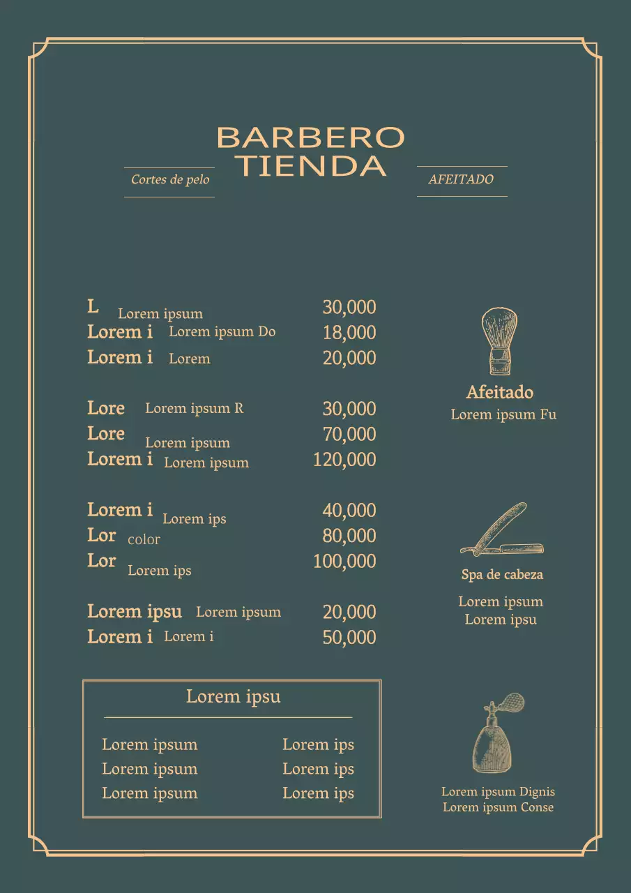 Verde amarillo ilustración vintage salón de belleza menú