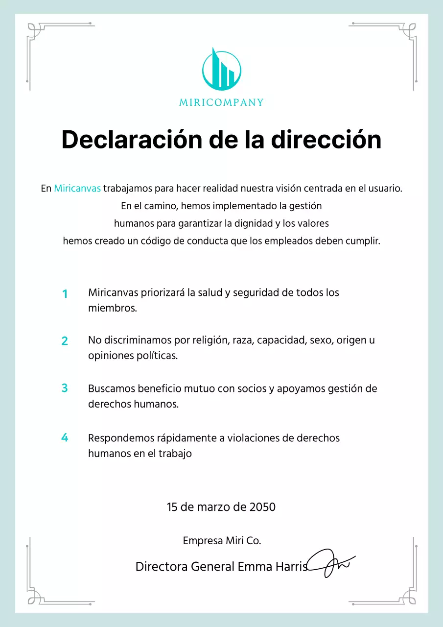 Un manifiesto empresarial limpio en negro y menta