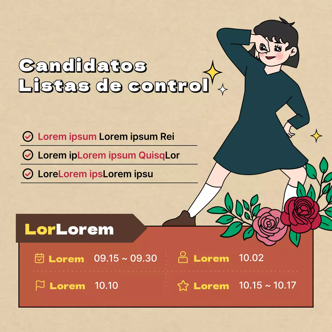 Convocatoria de candidaturas para un club con ilustraciones retro, vintage, cómicas y sensatas en marrón y beige.