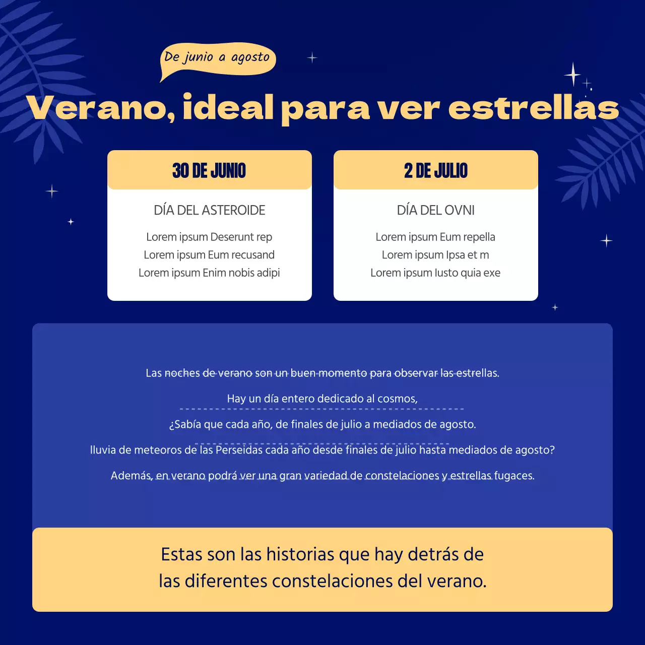 Horóscopo de verano ilustrado en azul y amarillo CardNews