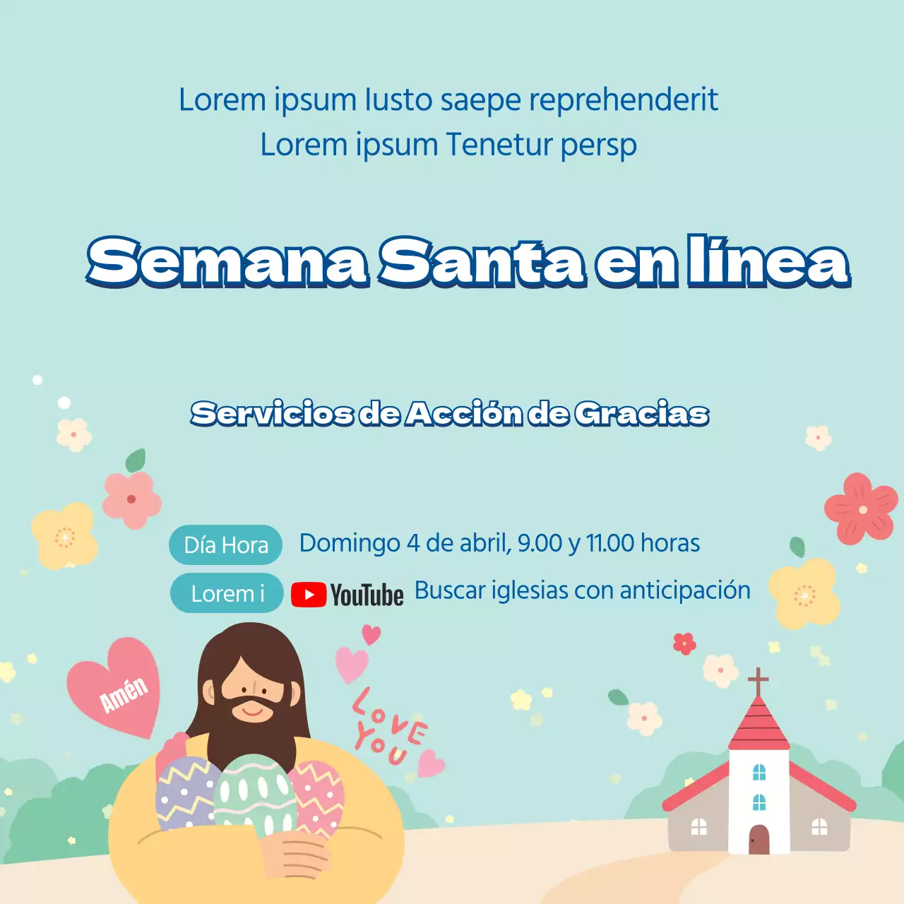 Ilustración azul lindo anuncio de servicio en línea de Pascua de la iglesia