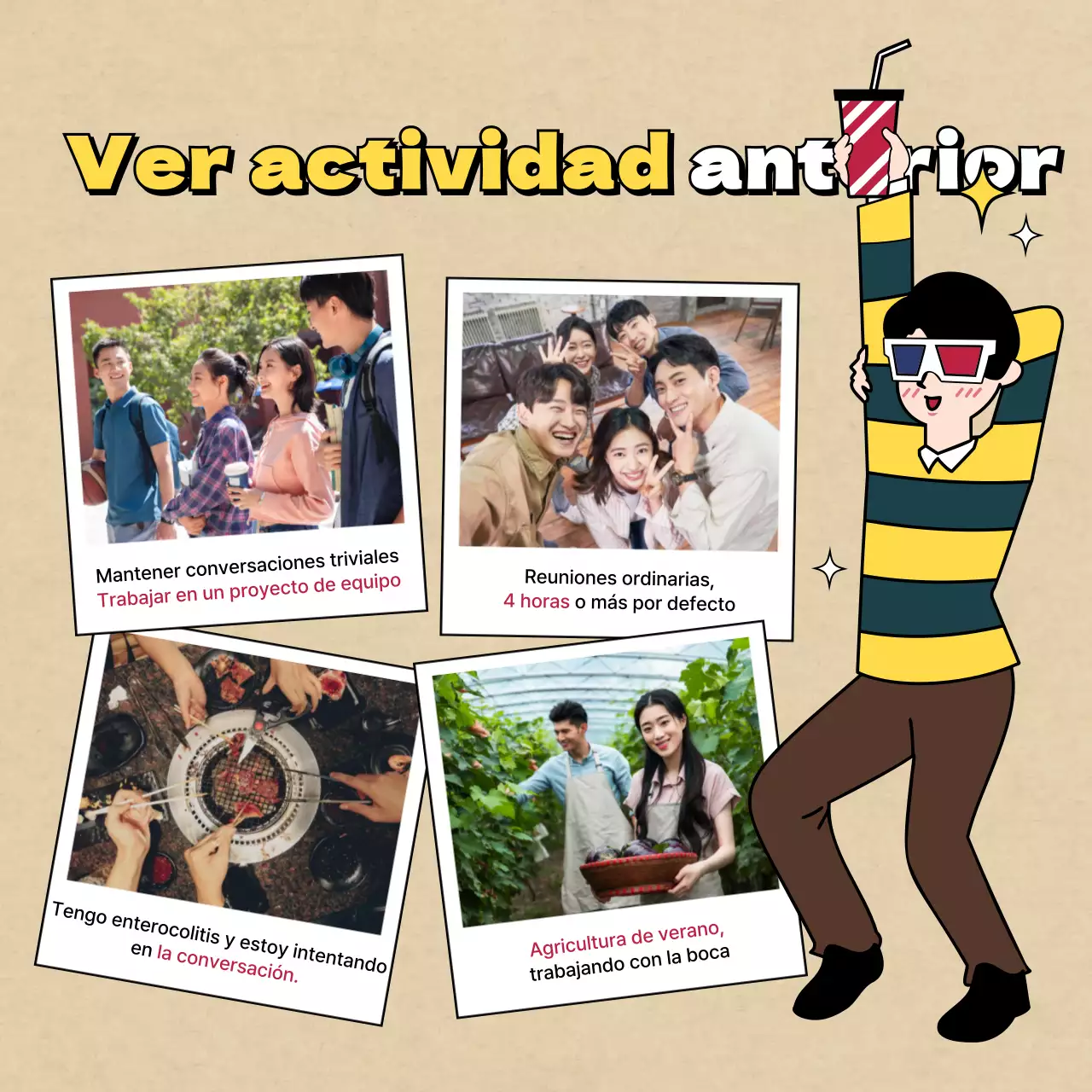 Convocatoria de candidaturas para un club con ilustraciones retro, vintage, cómicas y sensatas en marrón y beige.