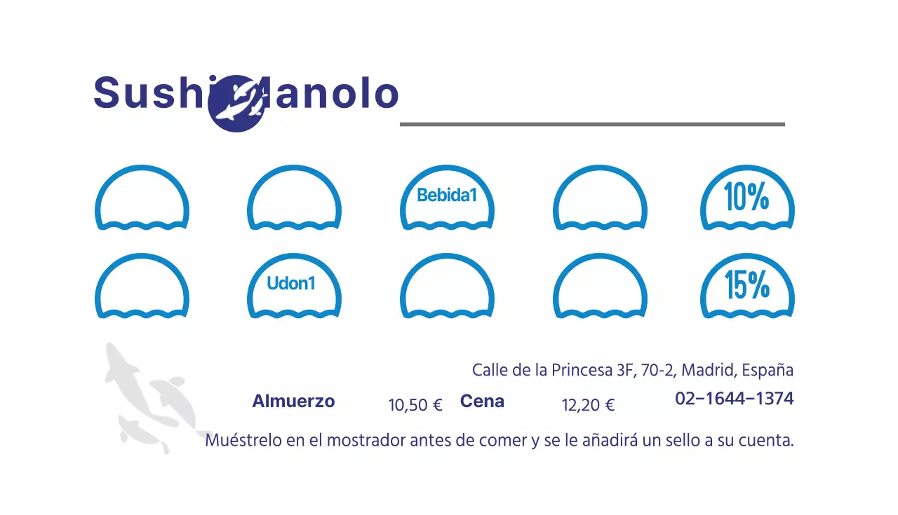 Tarjeta de sello de restaurante de sushi con mar azul e ilustración de pescado