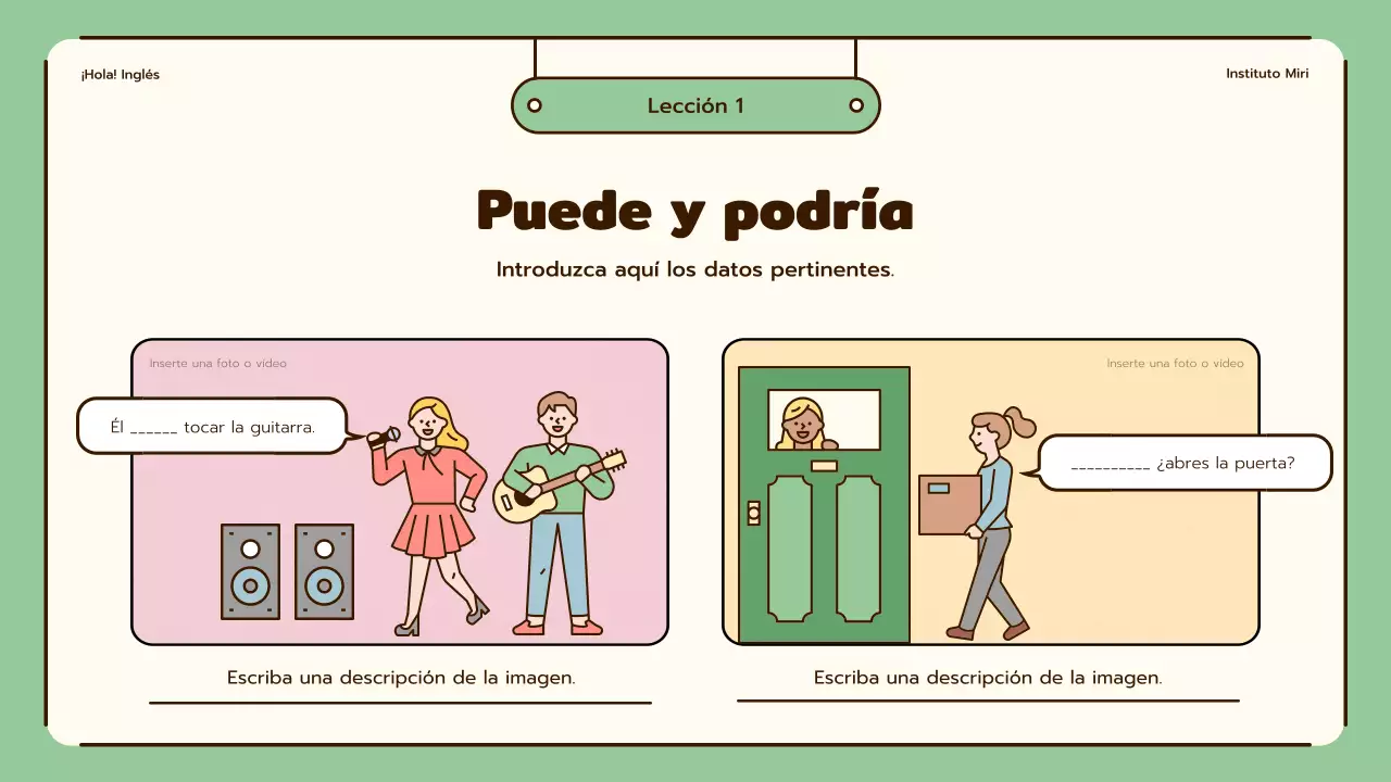 Lecciones de inglés con simpáticas ilustraciones en beige y verde