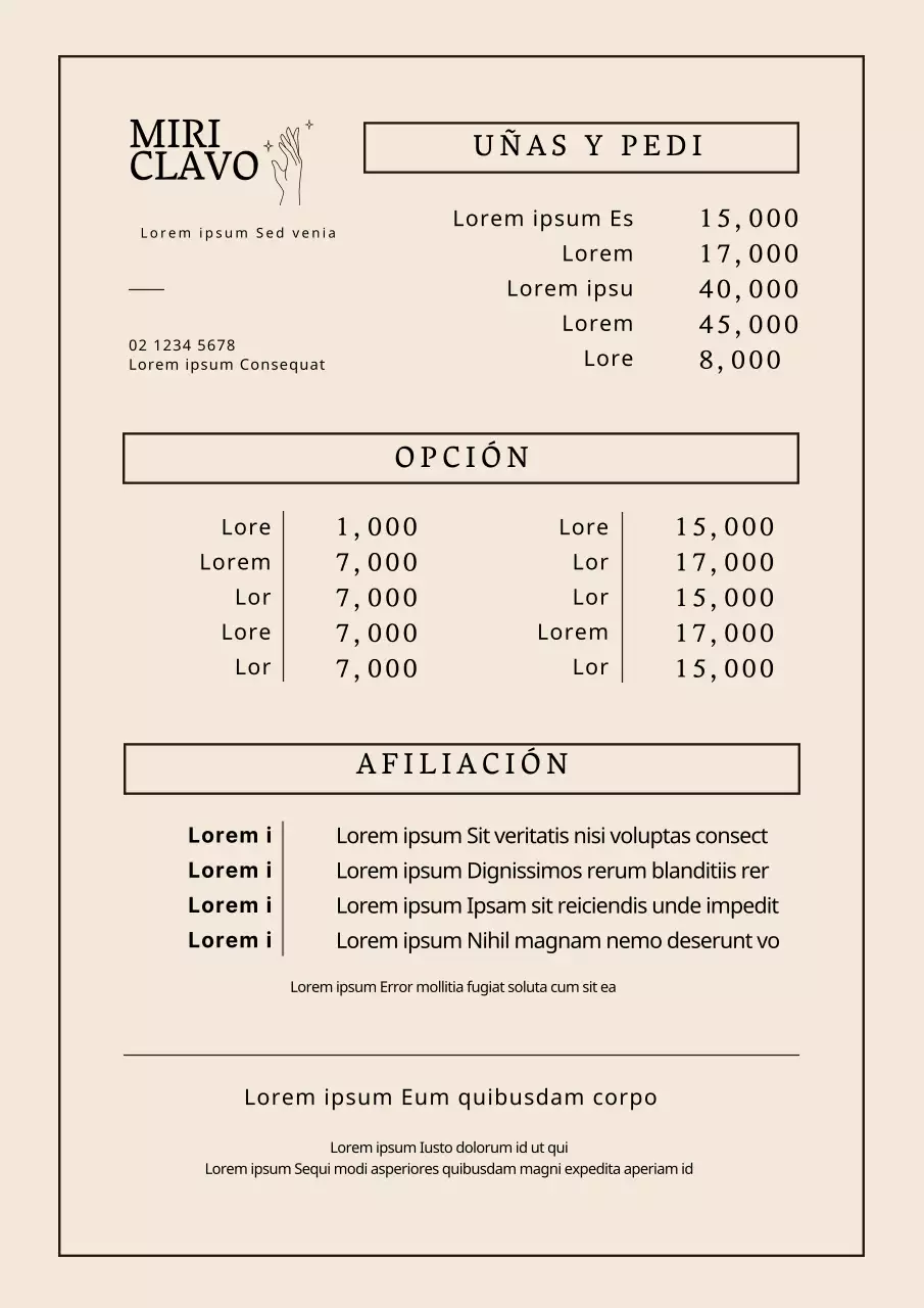 Menú de salón de manicura limpio con letras marrones