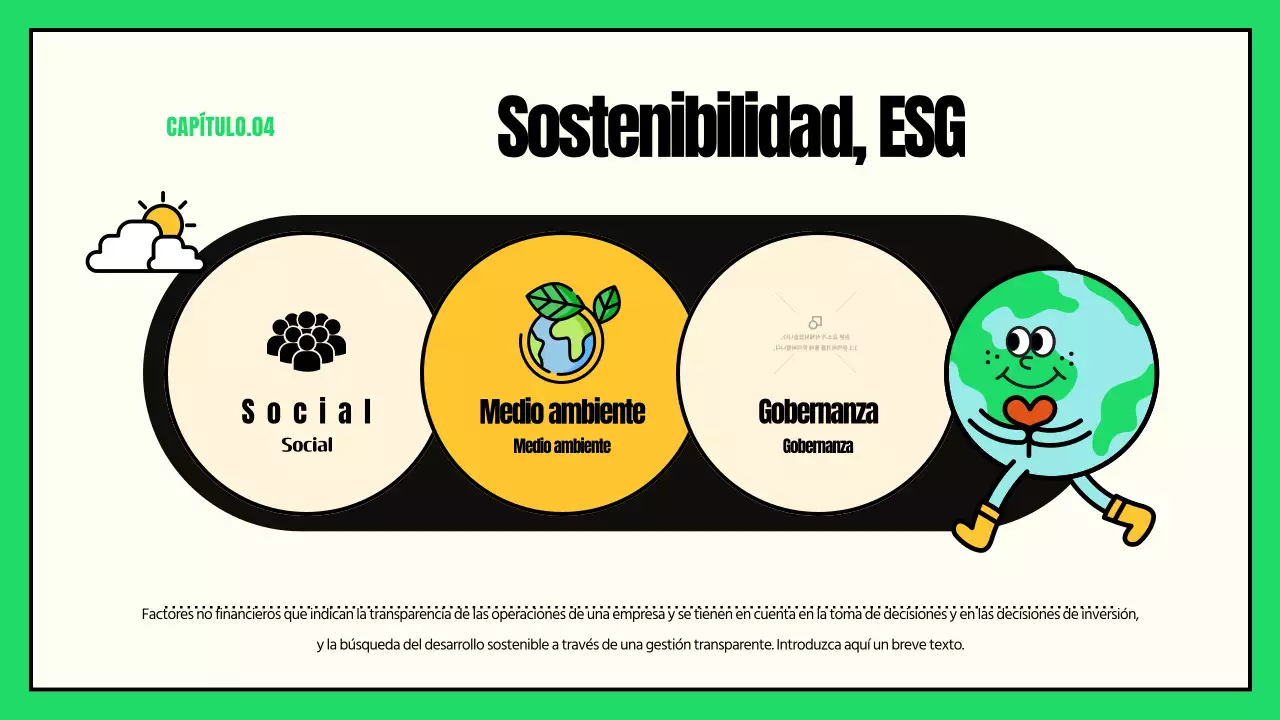 Simpáticas ilustraciones con acentos verdes y amarillos ESG y acción contra el cambio climático