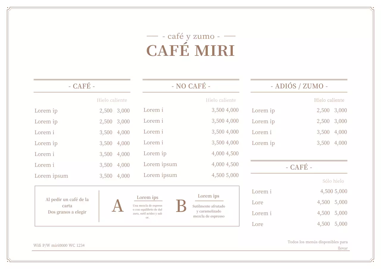 Cartel horizontal de menú de cafetería sencillo en blanco y marrón