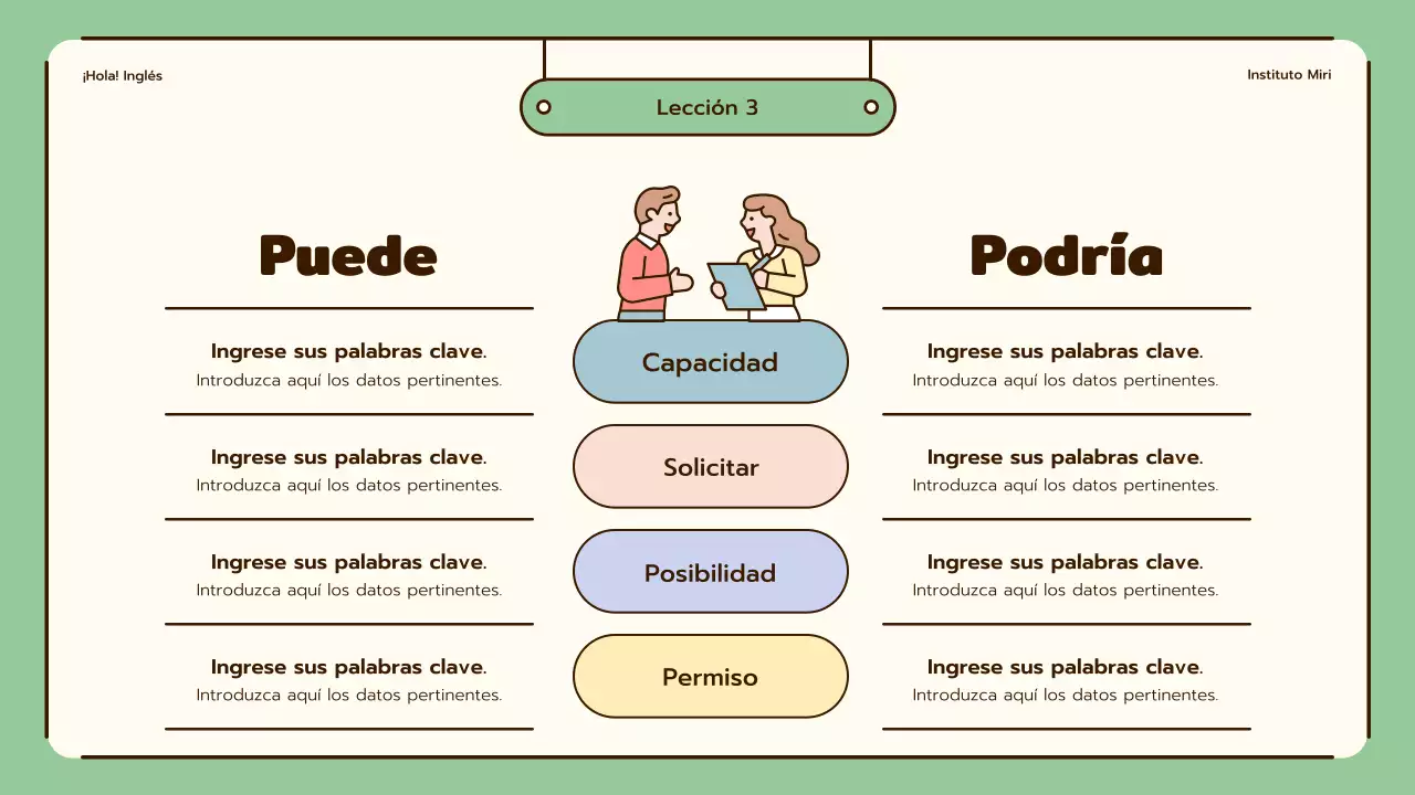 Lecciones de inglés con simpáticas ilustraciones en beige y verde