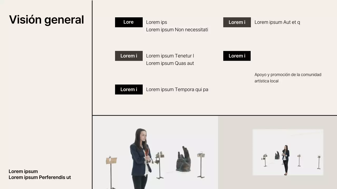 Propuesta de exposición con acentos de rejilla beige-negro