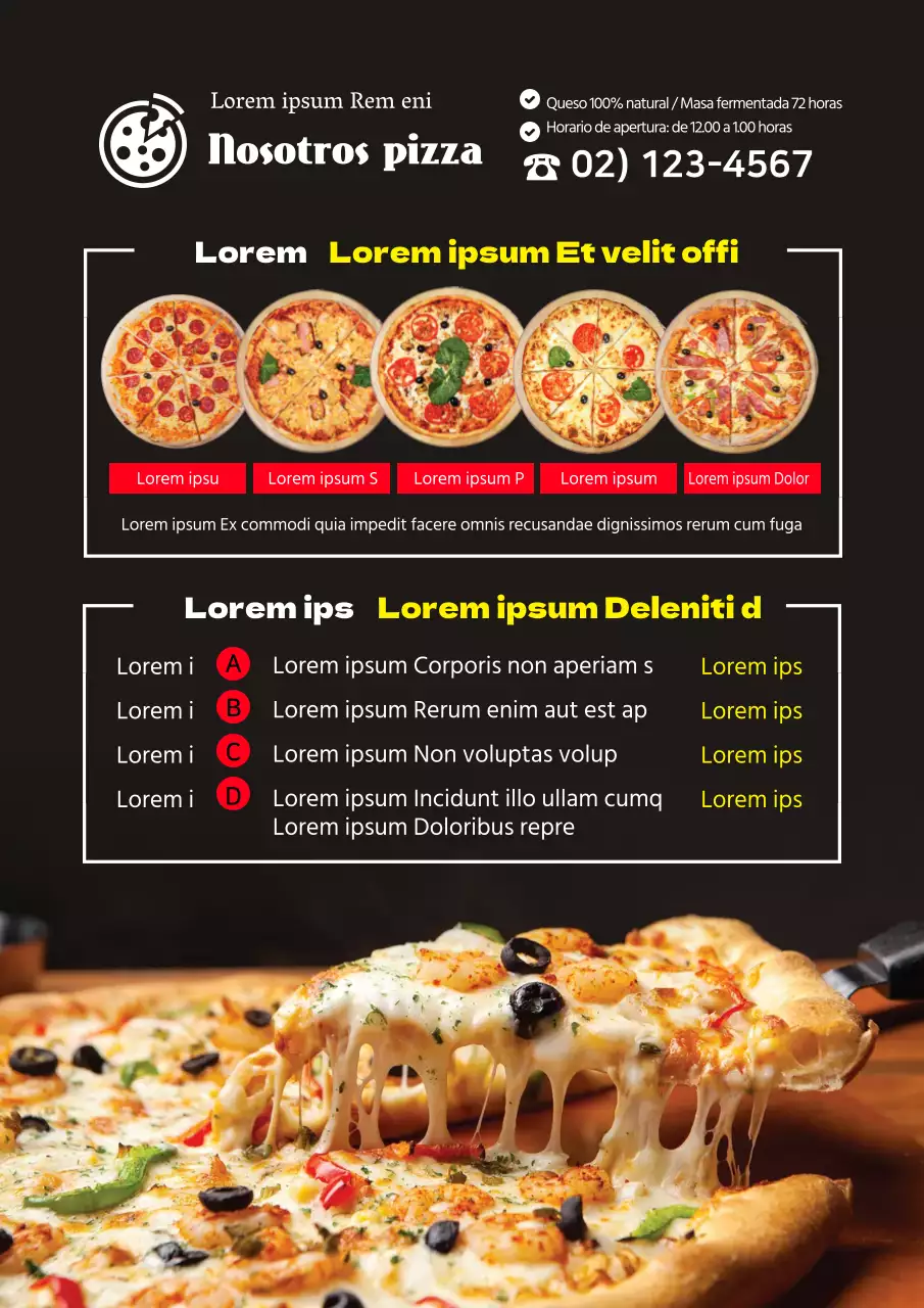 Ordenado menú de pizza de restaurante resaltado en foto roja