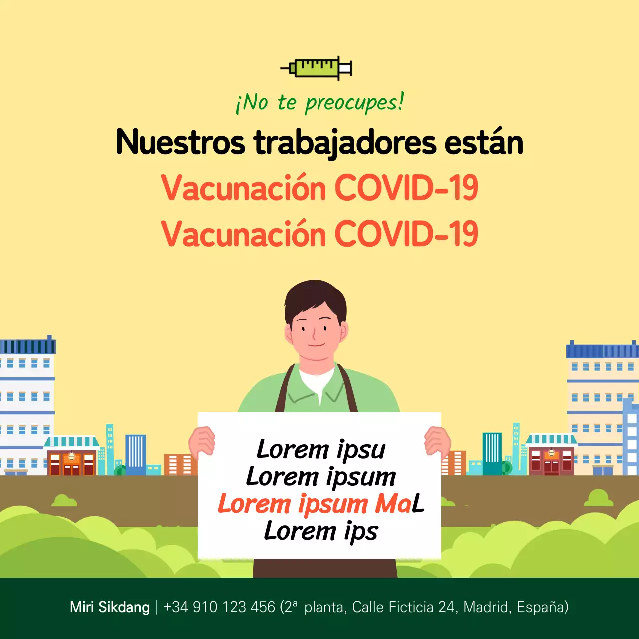 Cartel cuadrado de vacunación contra el coronavirus con ilustración amarilla