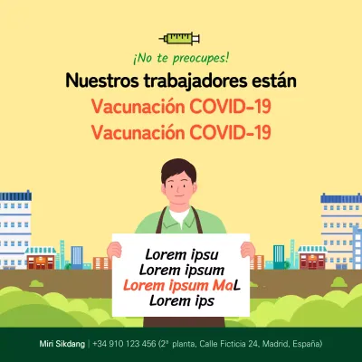 Cartel cuadrado de vacunación contra el coronavirus con ilustración amarilla