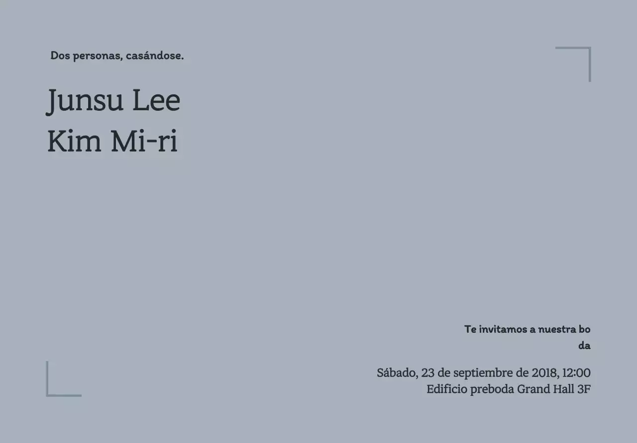 Sobre de postal de boda con marco de líneas sencillas y texto relacionado con la boda