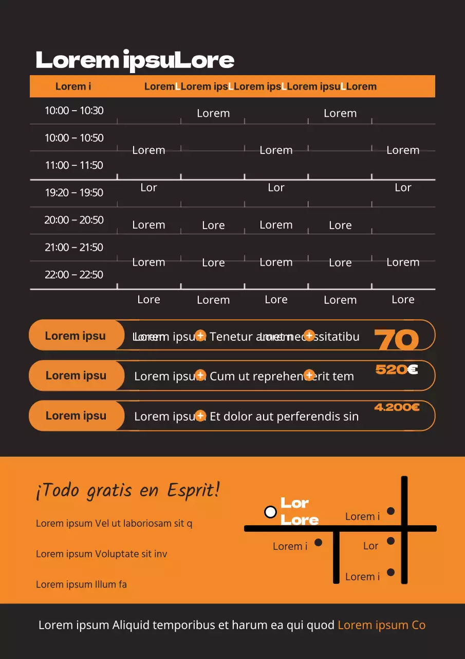 Promocione su gimnasio con una guía de horarios y eventos naranja y negra