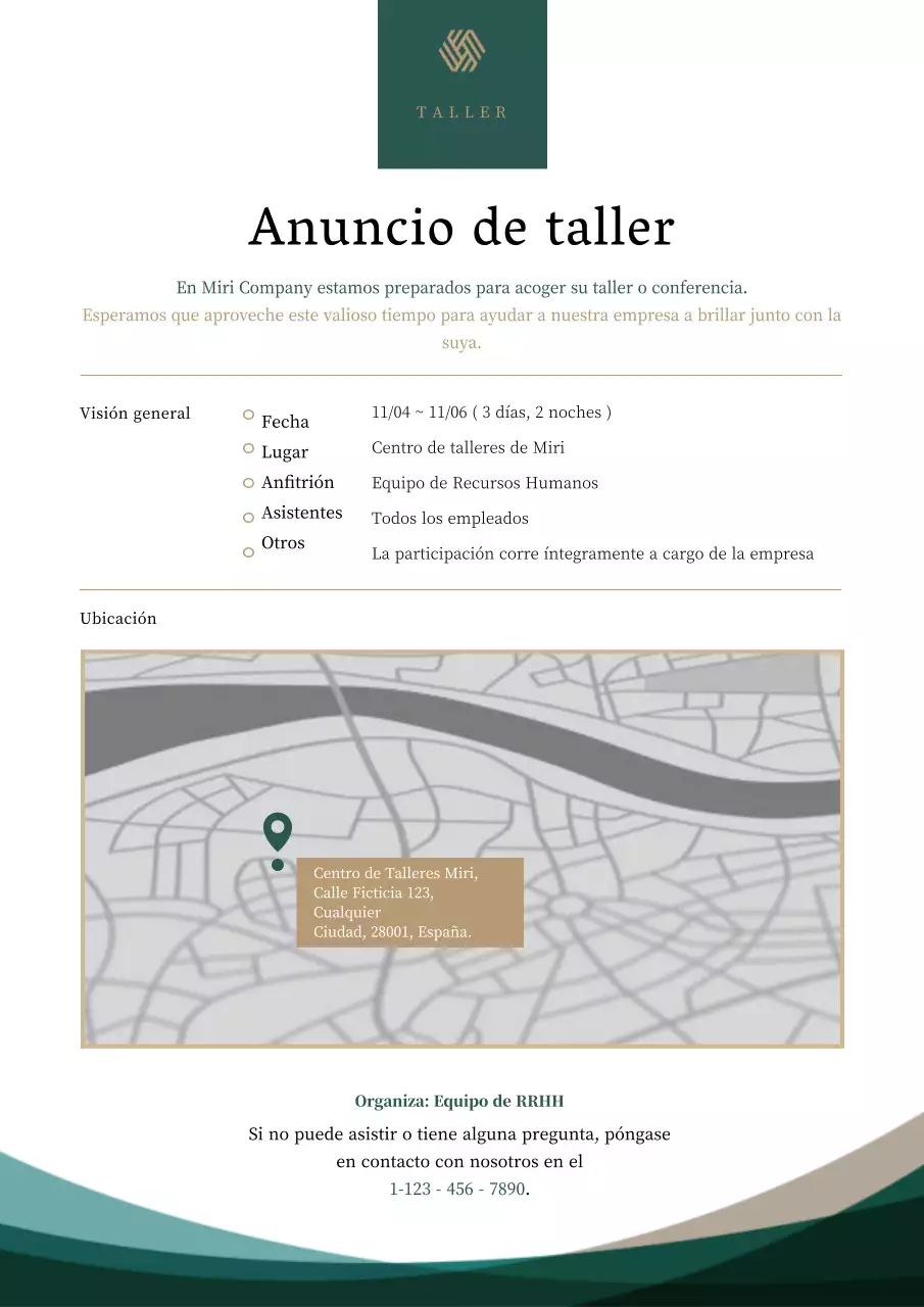 Señalización del lugar del taller en verde y marrón