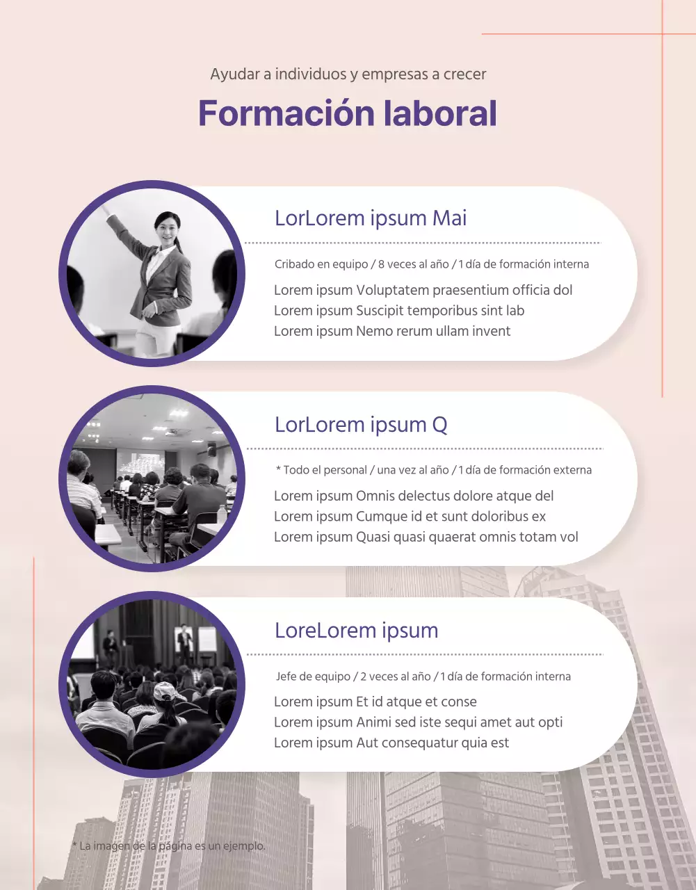 Detalles del programa corporativo en morado con toques naranjas