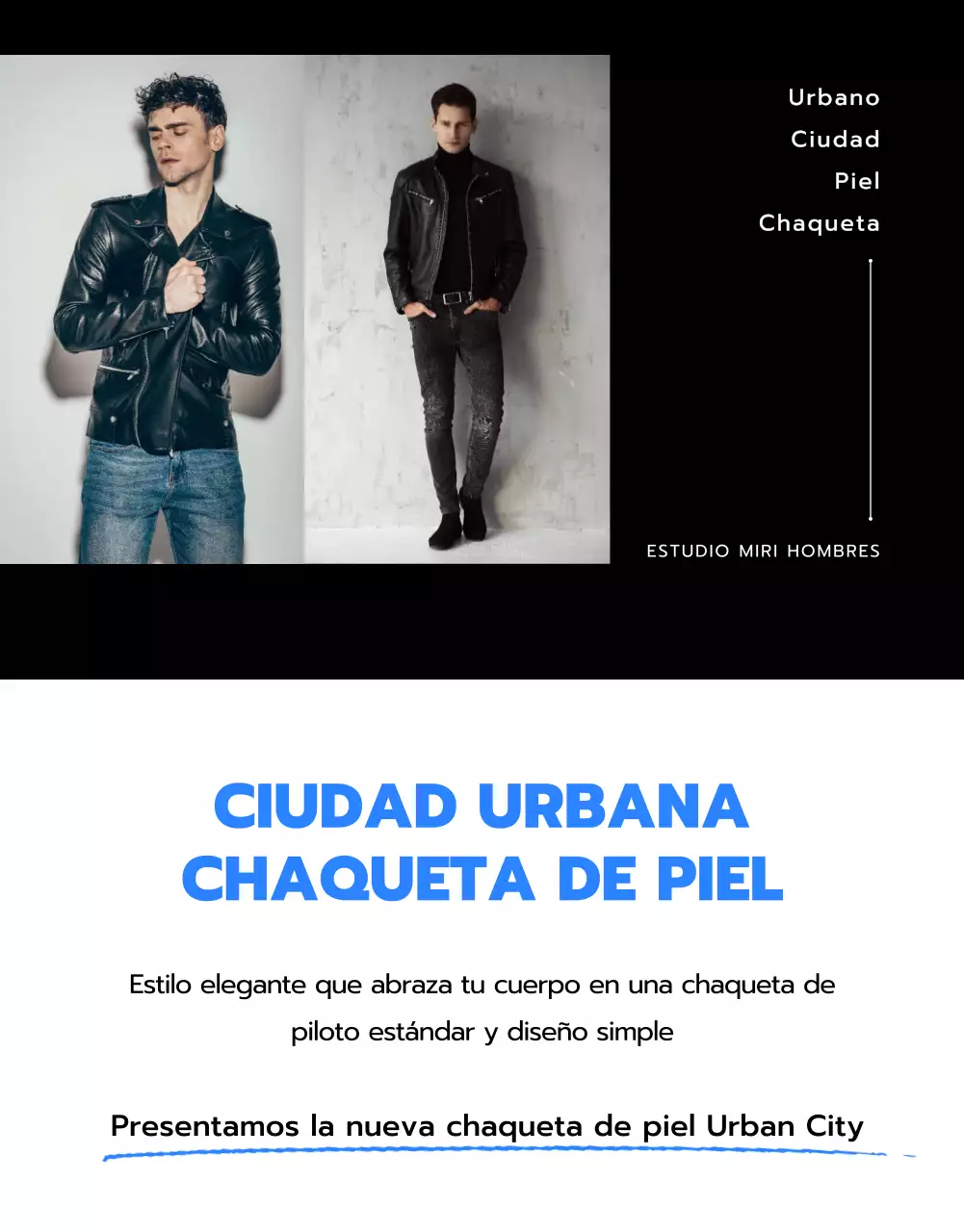 Tienda de chaquetas de cuero con diseño de imagen en negro y azul