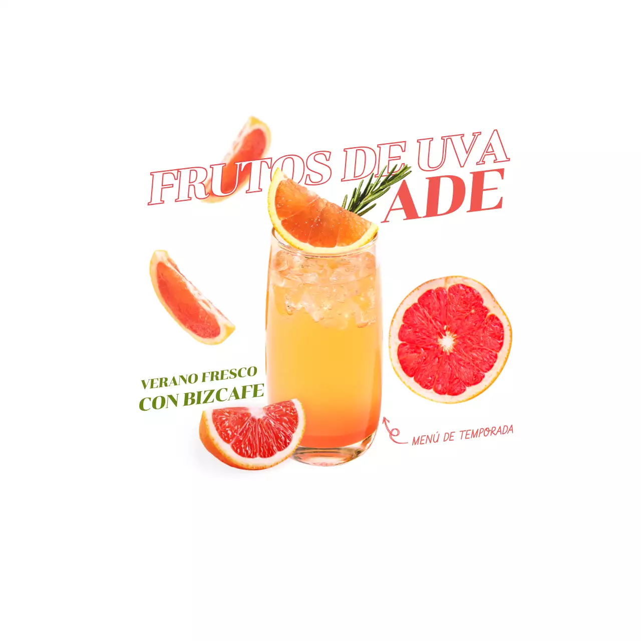 Promocione una bebida con la imagen de un pomelo y una bebida de pomelo en rojo.