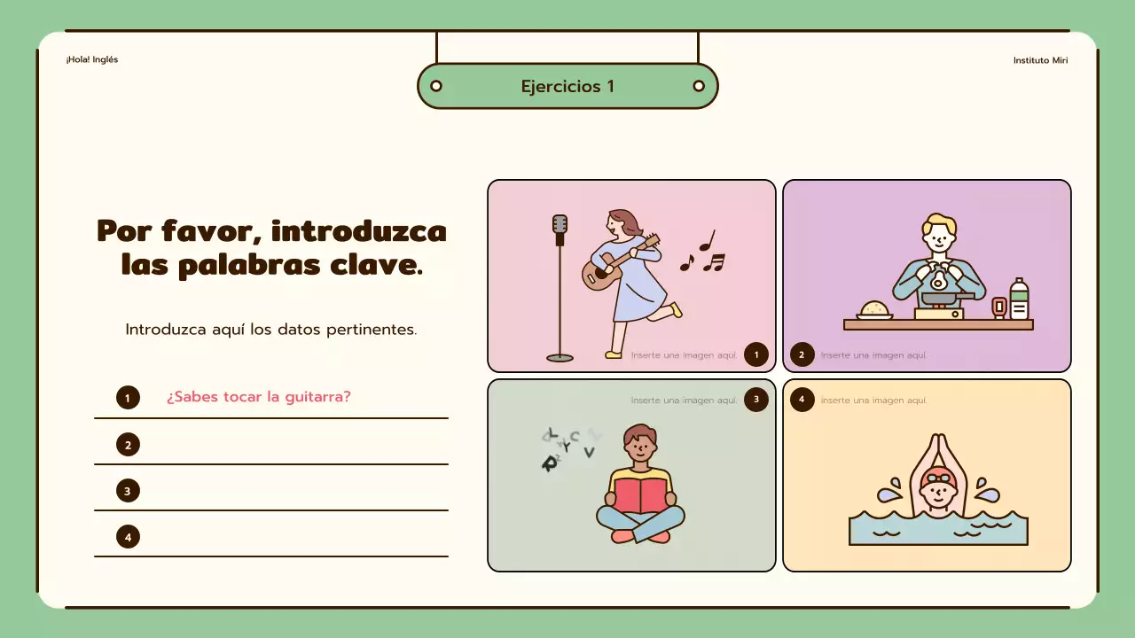 Lecciones de inglés con simpáticas ilustraciones en beige y verde