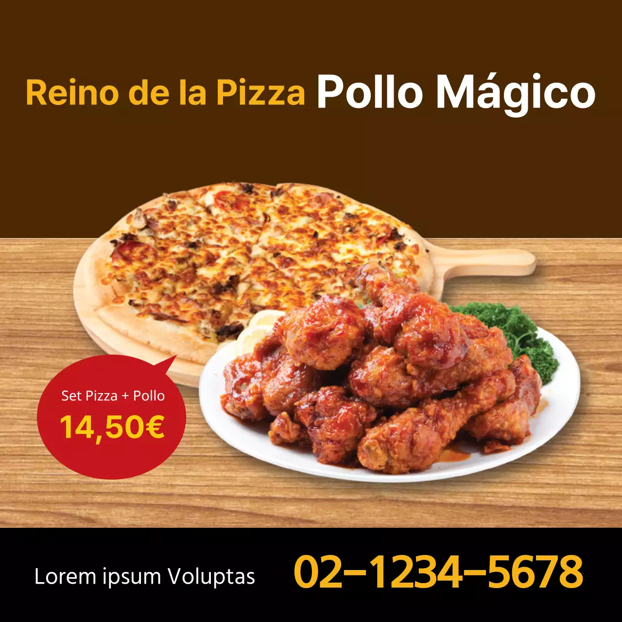 Foto marrón destaca restaurante limpio promoción de pollo pizza