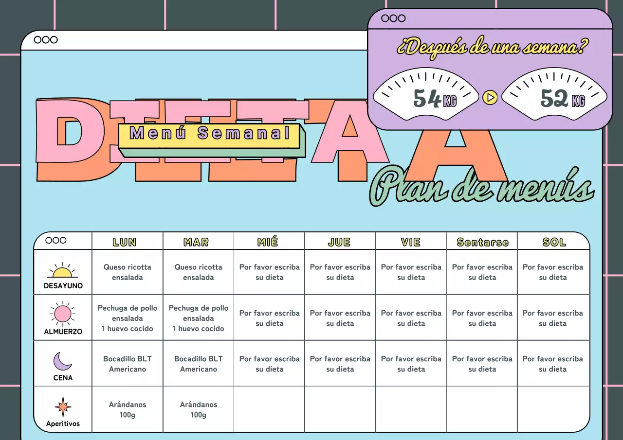 Azul claro rosa púrpura fresco coloreado lindo plan de comidas de dieta