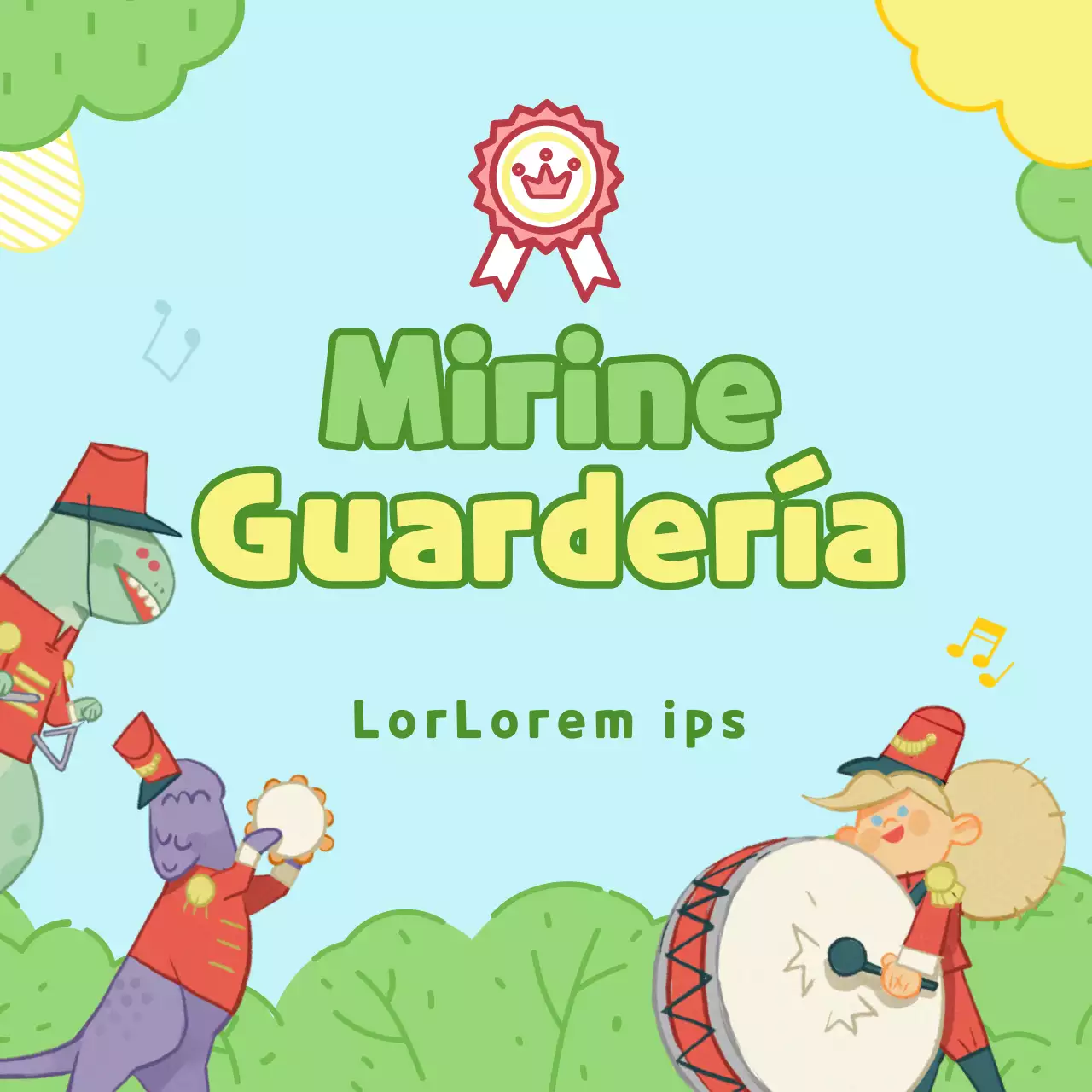 Bonita habitación infantil ilustrada en azul claro y chartreuse