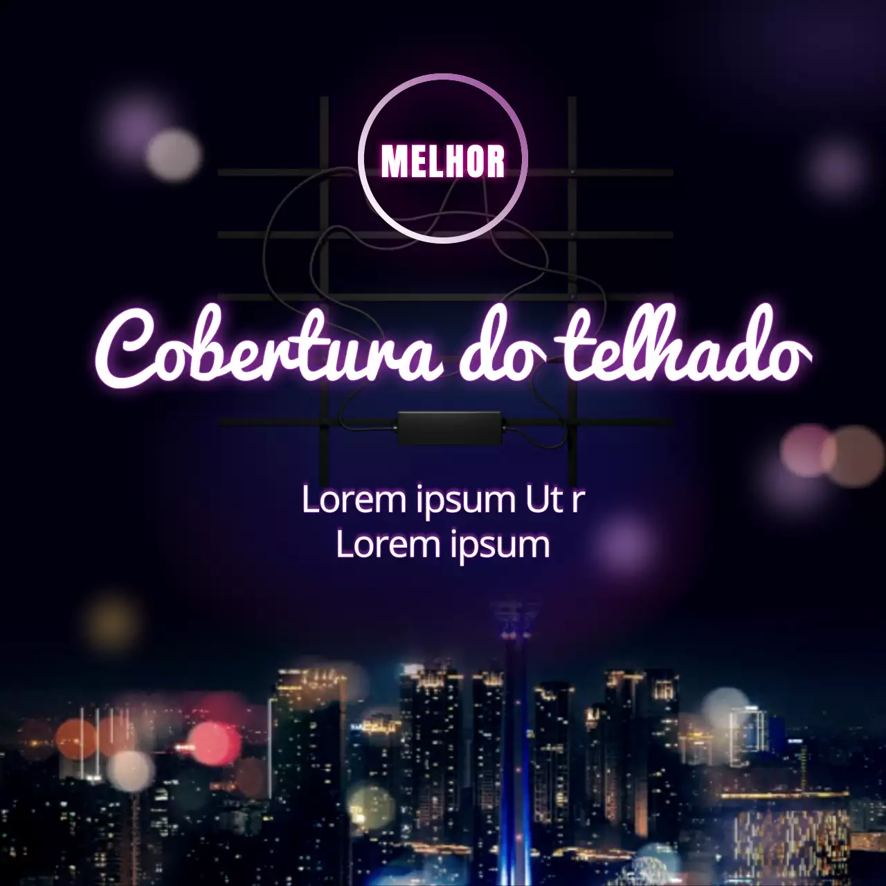 Uma coleção de pubs no telhado com vistas nocturnas de néon púrpura