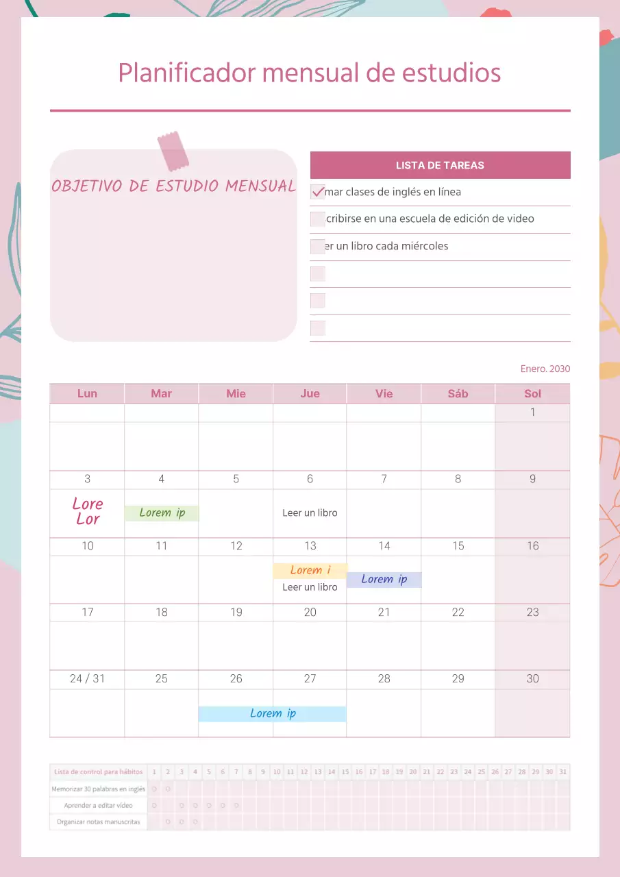 Agenda de estudio mensual en rosa