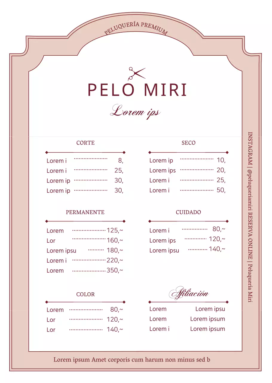 Cartel de precios de peluquería en marco vintage rosa