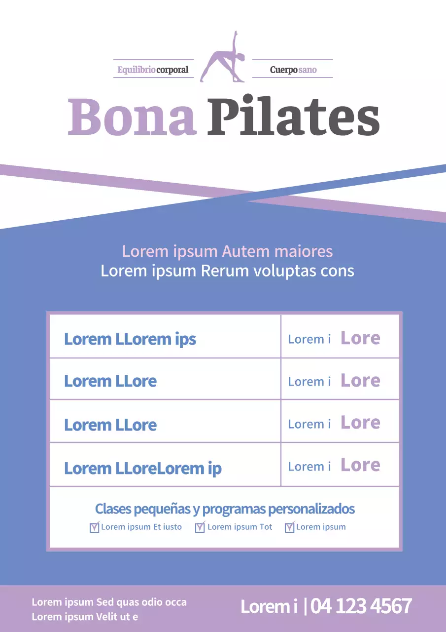 Promoción de un sencillo programa escolar de Pilates con tablas azules y moradas