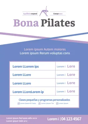 Promoción de un sencillo programa escolar de Pilates con tablas azules y moradas