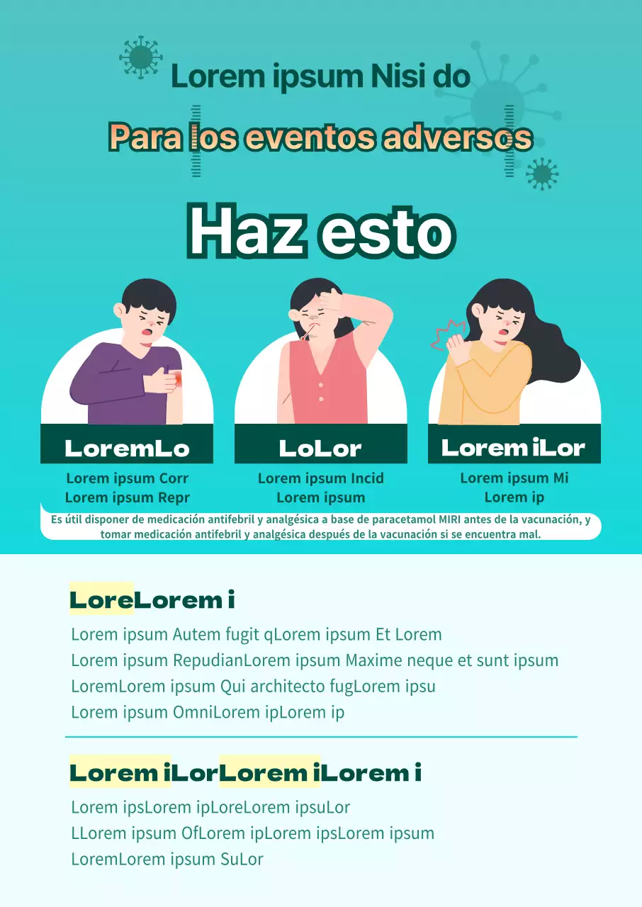 Instrucciones ilustradas para los efectos adversos de las vacunas con fondo azul y texto rojo en contraste