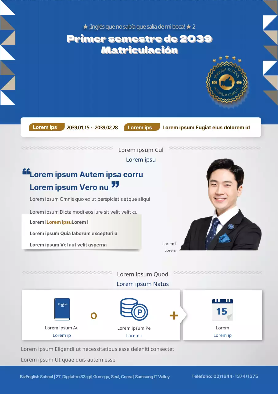 Un colorido folleto azul para una escuela de inglés
